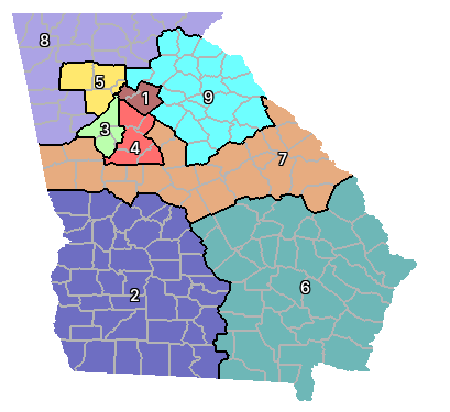 Georgia congressional districts rendered as a choropleth in Mosaic, with nine districts in distinct colors.